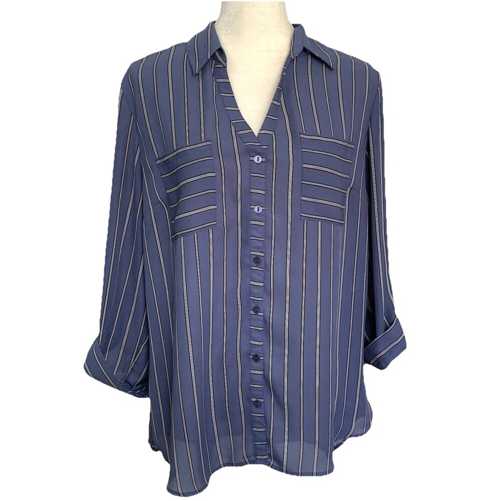 iZ Byer Size XXL  Button Up Top Shirt Blue Striped Roll Tab Sleeves Pockets